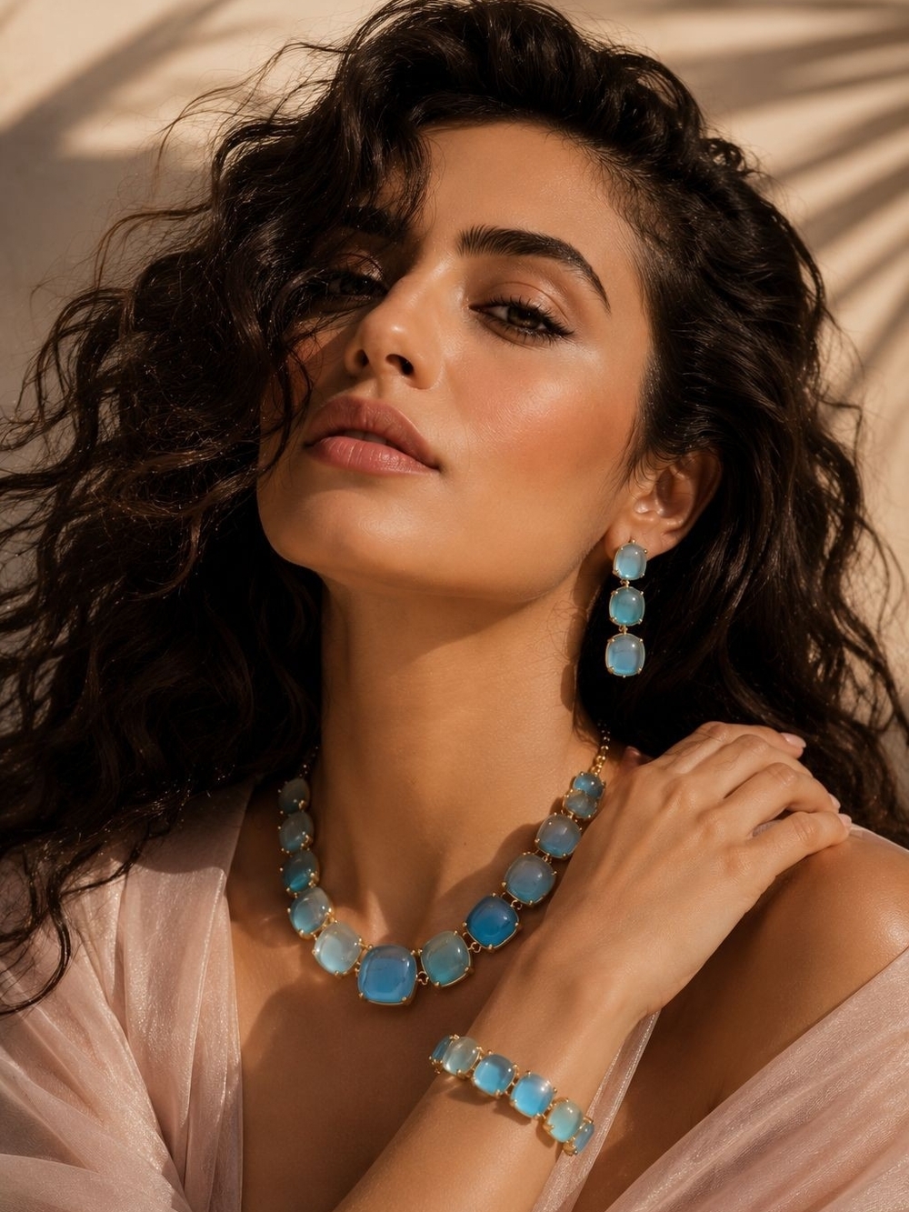 Blue Glass Stone Gold-Frame Necklace, Bracelet & Earrings Set